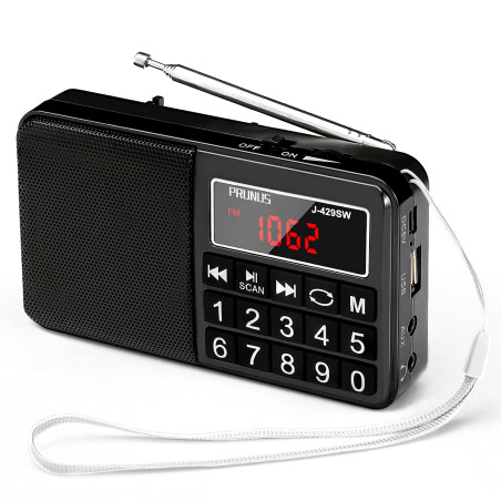 PRUNUS J-429 Petite Radio Portable Rechargeable avec Haut-parleur FM/AM(MW)/SW/USB/Micro-SD/MP3. Mini Radio fm portable avec Gro