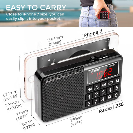 PRUNUS J-429 Petite Radio Portable Rechargeable avec Haut-parleur FM/AM(MW)/SW/USB/Micro-SD/MP3. Mini Radio fm portable avec Gro