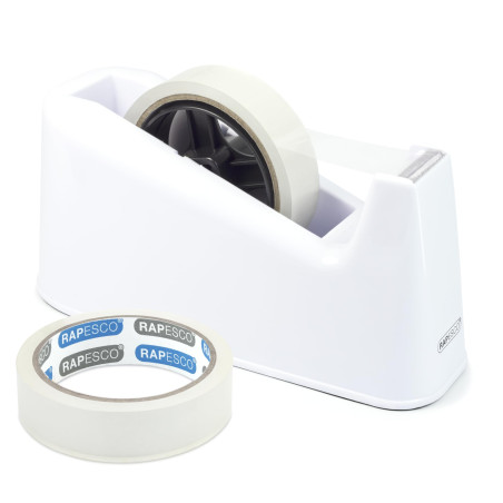 Rapesco 1486 500 Dévidoir de Ruban avec 2 Rouleaux de Ruban Adhésifs, Blanc