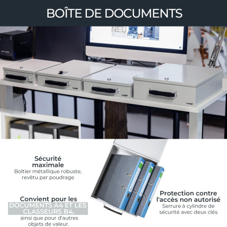 HMF 142-07 Boîte de rangement XL en métal verrouillable pour classeurs | DIN A4 / B4 | Gris clair