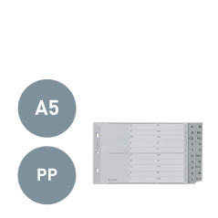Leitz Intercalaires A5 Touches A-Z (Séparation A-L et M-Z), 20 Feuilles, Extra-Large, Gris, Onglets Renforcés en Plastique Résis