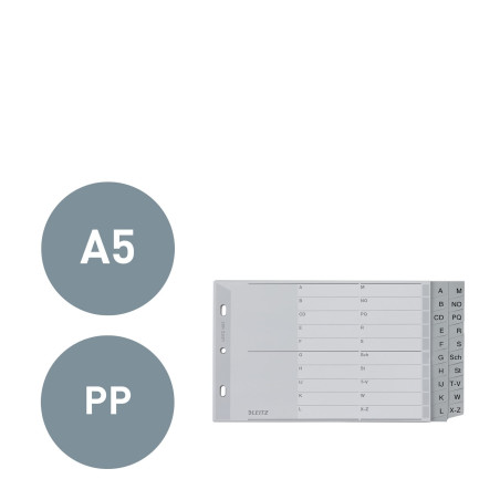 Leitz Intercalaires A5 Touches A-Z (Séparation A-L et M-Z), 20 Feuilles, Extra-Large, Gris, Onglets Renforcés en Plastique Résis