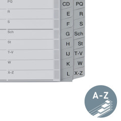Leitz Intercalaires A5 Touches A-Z (Séparation A-L et M-Z), 20 Feuilles, Extra-Large, Gris, Onglets Renforcés en Plastique Résis