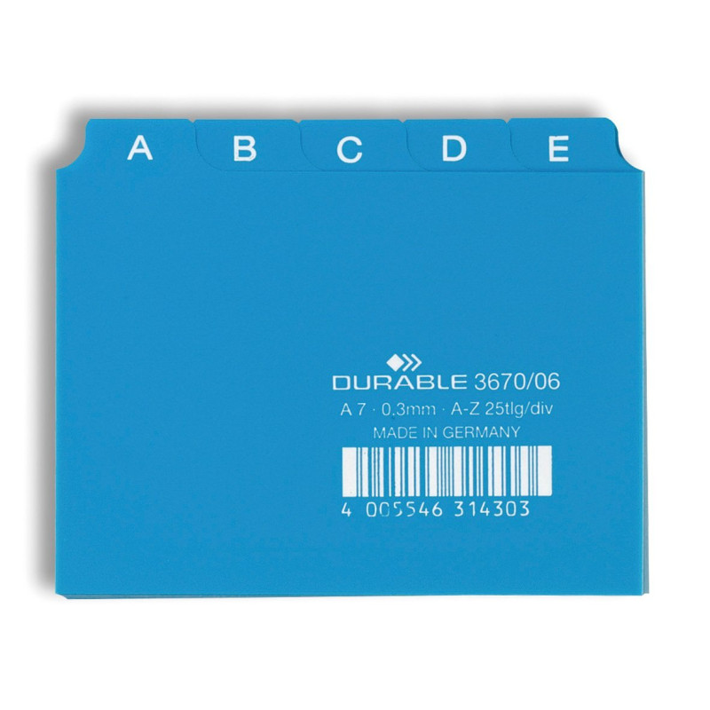 Durable 367006 Jeu de 25 intercalaires avec Onglets imprimés A Z format A7 Bleu Durable 367006 Jeu de 25 intercalaires avec Onglets imprimés A Z format A7 Bleu