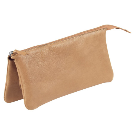 Clairefontaine 8441C - Trousse Scolaire Plate en Cuir Naturel 3 Compartiments 21x3x10 cm en Véritable Cuir d'Agneau - Fourniture