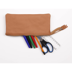 Clairefontaine 8441C - Trousse Scolaire Plate en Cuir Naturel 3 Compartiments 21x3x10 cm en Véritable Cuir d'Agneau - Fourniture