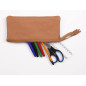 Clairefontaine 8441C - Trousse Scolaire Plate en Cuir Naturel 3 Compartiments 21x3x10 cm en Véritable Cuir d'Agneau - Fourniture