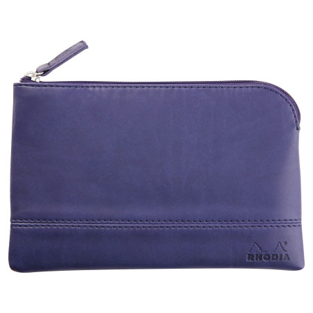 RHODIA 116537C - Pochette Zippée en Simili Cuir - Bleu Nuit - Taille S (11 x 17 cm) - Coutures Véritables - Intérieur Tissu Oran