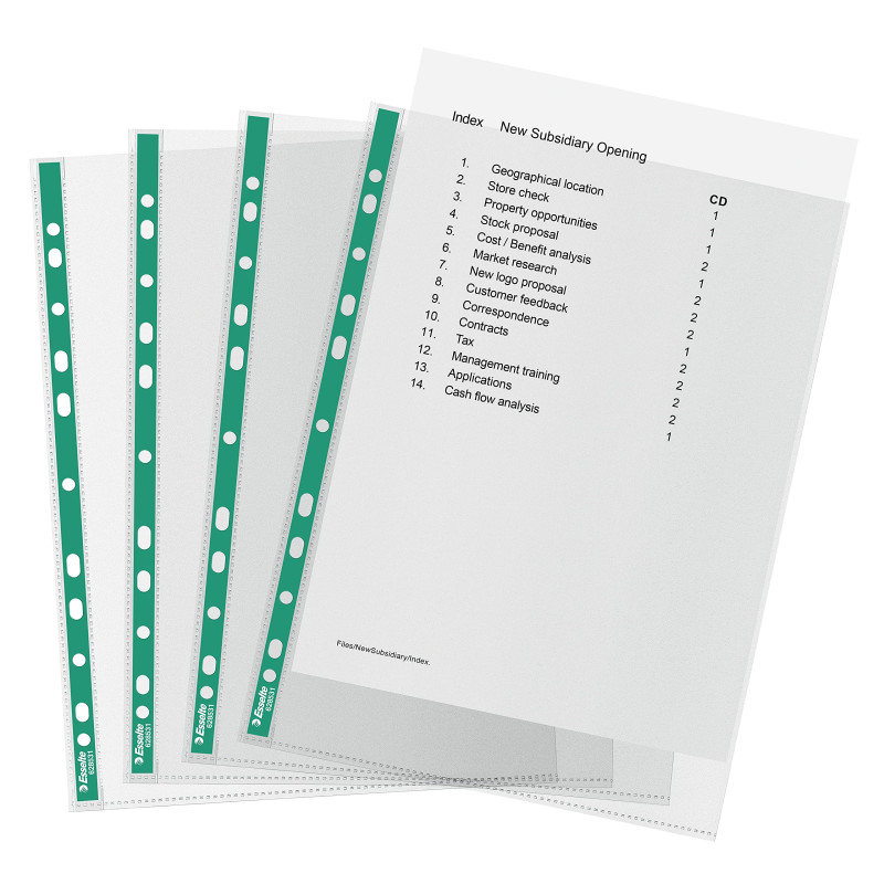 Esselte Pochettes A4 Perforées, Polyéthylène 200 Pochettes, 34 Microns, Embossées avec Dos Vert Renforcé, Idéales pour les Class Esselte Pochettes A4 Perforées, Polyéthylène 200 Pochettes, 34 Microns, Embossées avec Dos Vert Renforcé, Idéales pour les Class