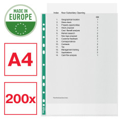 Esselte Pochettes A4 Perforées, Polyéthylène 200 Pochettes, 34 Microns, Embossées avec Dos Vert Renforcé, Idéales pour les Class