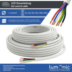 Lumonic 6x0,34mm² RGBW CCT LED Ligne de contrôle 20m | câble gainé 6 fils flexible | LiYY Extension, Câble d'alimentation, Câble