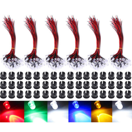 GTIWUNG 60Pcs 5mm Diode LED Pré-câblée Lumière, Diode Ampoule LED Câblé, Diode électroluminescente + 60Pcs Plastique 5mm LED Lum