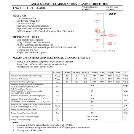 HUABAN 100 pièces 1N4002 Diode de redressement 1A 100V DO-41 (DO-204AL) Axial 4002 1 Amp 100 Volt