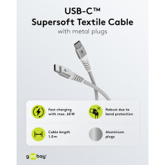 Goobay 70193 Cavo di ricarica rapida USB C 60W 20V / 1m / Cavo in tessuto estremamente resistente / Cavo USB C da 480 Mbit / Cav