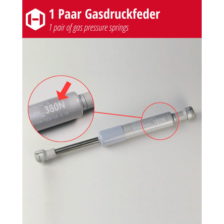 Gedotec 2x ressort à gaz 380N - Amortisseur à gaz Kesseböhmer pour ferrure pivotante HSB - Amortisseur pour volet, porte d'armoi