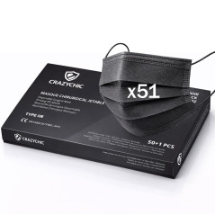 CRAZYCHIC - x51 Masque Chirurgical Médical NOIR Type IIR - Certifié CE Norme EN14683 - Masque Jetable 3 Plis Protection Respirat