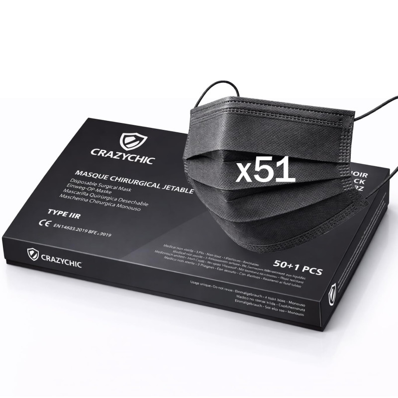 CRAZYCHIC - x51 Masque Chirurgical Médical NOIR Type IIR - Certifié CE Norme EN14683 - Masque Jetable 3 Plis Protection Respirat CRAZYCHIC - x51 Masque Chirurgical Médical NOIR Type IIR - Certifié CE Norme EN14683 - Masque Jetable 3 Plis Protection Respirat