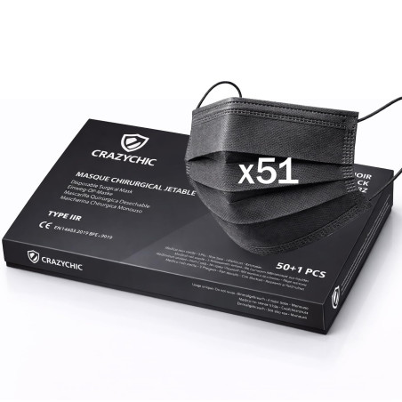 CRAZYCHIC - x51 Masque Chirurgical Médical NOIR Type IIR - Certifié CE Norme EN14683 - Masque Jetable 3 Plis Protection Respirat