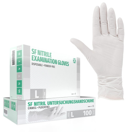 SF Gants nitrile blancs L – 100 gants jetables, non poudrés, sans latex, résistants, pour la cuisine, l’usage médical, le ménage