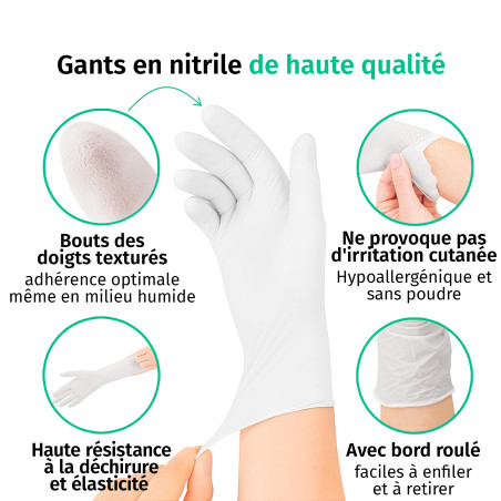 SF Gants nitrile blancs L – 100 gants jetables, non poudrés, sans latex, résistants, pour la cuisine, l’usage médical, le ménage