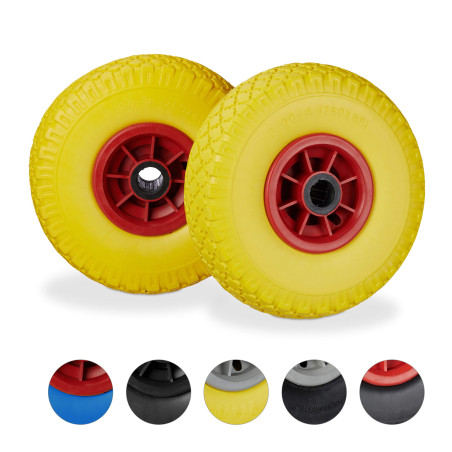 Relaxdays Roue de brouette, caoutchouc, 3.00-4", 2x roue de rechange, pour axe de 25 mm, 260x85 mm, jaune-rouge