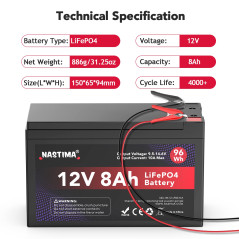 NASTIMA Batterie Rechargeable 12V 8Ah LiFePO4 avec Protection BMS et Cycle Profond 4000, adaptée aux Kits de Panneaux solaires,