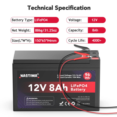 NASTIMA Batterie Rechargeable 12V 8Ah LiFePO4 avec Protection BMS et Cycle Profond 4000, adaptée aux Kits de Panneaux solaires,