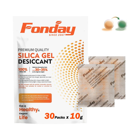 Lot de 30 sachets de gel de silice rechargeables Fonday de qualité alimentaire à réactivation rapide indiquant l'humidité orange