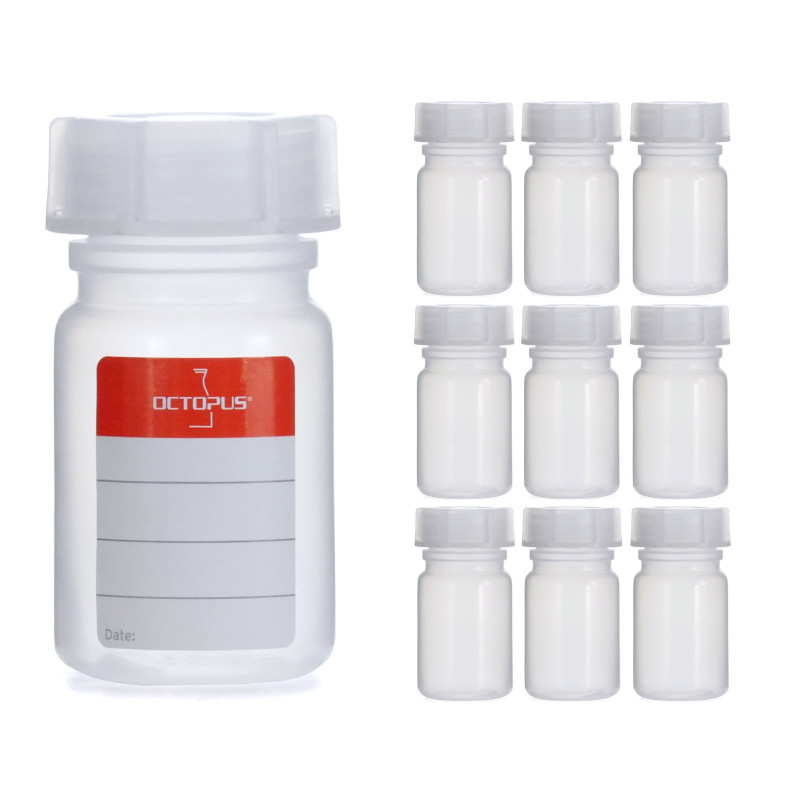 Octopus 10 bouteilles de 50 ml à col large en LDPE avec bouchon à vis, bouteilles vides pour la chimie, bouteilles de laboratoir Octopus 10 bouteilles de 50 ml à col large en LDPE avec bouchon à vis, bouteilles vides pour la chimie, bouteilles de laboratoir