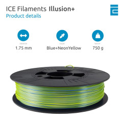 ICE FILAMENTS, Illusion+ Filament (Silk PLA), Filament d'imprimante 3D, 1.75mm, 0.75kg, Blue+NeonYellow (Bleu+Jaune)