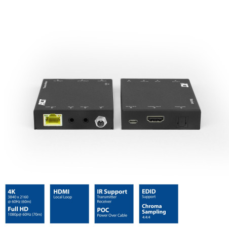 ACT Kit d'extension HDMI, HDMI sur Ethernet vers 60 m sur CAT6, boîtier en métal, vidéo 4K @ 30 Hz, statut LED, boucle locale HD