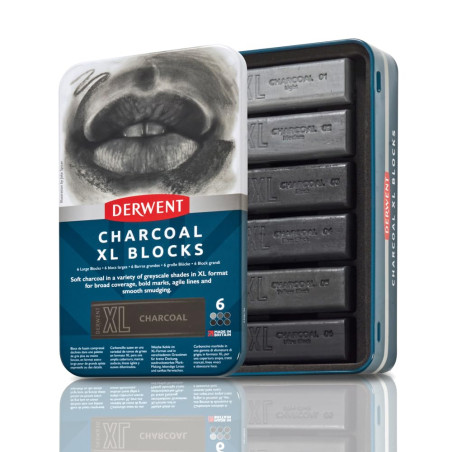 DERWENT Charcoal - Boîte de 6 Craies Fusains Aquarellables au Format XL (60 mm), pour Croquis / Dessin / Marques Expressives, Qu