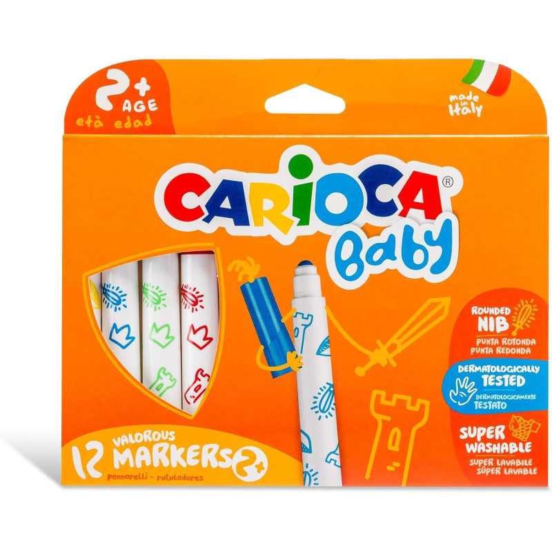 CARIOCA Marqueurs bébé pour enfants dès 2 ans - Encre super lavable et non toxique, pointe ronde bloquée, corps large et sûr, fa CARIOCA Marqueurs bébé pour enfants dès 2 ans - Encre super lavable et non toxique, pointe ronde bloquée, corps large et sûr, fa