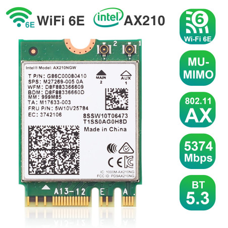 WiFi 6E AX210NGW M.2/NGFF Carte réseau sans Fil Bluetooth 5.2 Tri-Band 802.11AX pour PC de Bureau Compatible Windows 11/10 64 Bi