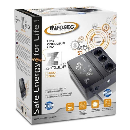 INFOSEC- Onduleur Z1 Zenergy Cube EX 400 VA, 3 prises secourues, Noir