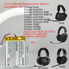 3.7V 523450P 1100mah Batterie au Lithium Rechargeable pour Corsair Void Elite RGB Corsair Virtuoso RGB Corsair HS80 Corsair Void