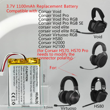 3.7V 523450P 1100mah Batterie au Lithium Rechargeable pour Corsair Void Elite RGB Corsair Virtuoso RGB Corsair HS80 Corsair Void