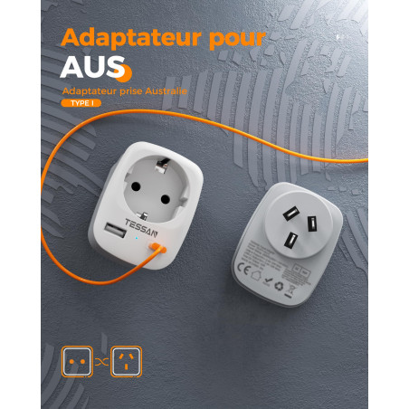 TESSAN Adaptateur Prise Australie, 3 en 1 Adaptateur Prise Australienne 2500 W, Adapter Australie avec USB C et USB A pour Chine