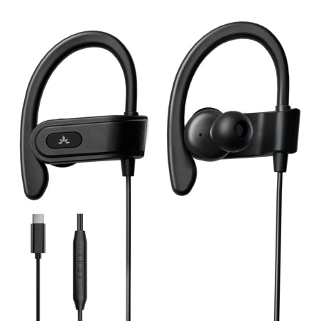 Avantree C171 - Écouteurs USB C Filaires à Micro, pour Sport et Course, avec Crochets, Intra Auriculaires et Contrôle Volume, Co