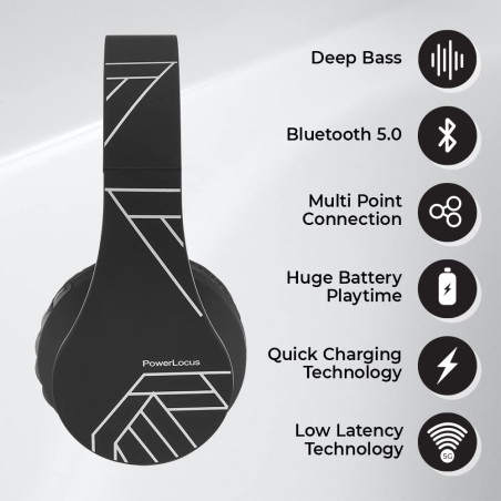 PowerLocus Casque Bluetooth, Casque Audio sans Fil Supra-Auriculaire avec Microphone intégré, Stéréo HD, Micro SD/TF Mode, FM Ra
