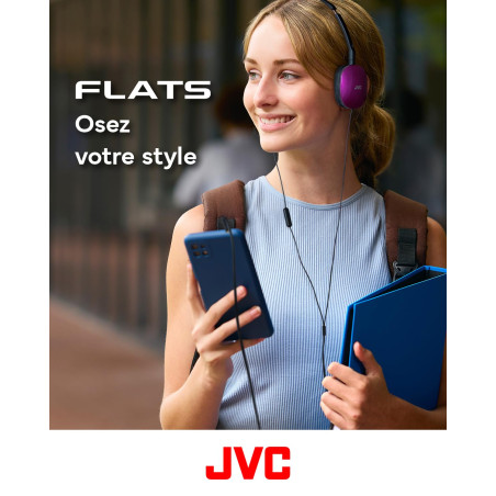 JVC HA-S160M-V-U Casque Plat Pliable et Compact - Couleur Brillante - avec Interrupteur Marche/arrêt pour Microphone - Idéal pou