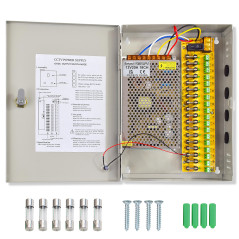 Alimentation 12V 20A 240W, Boîtier Alimentation Camera 18 Canaux CCTV, Transformateur à Commutation DC pour Caméra de Surveillan