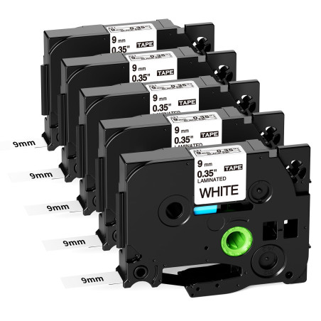 5x Fimax TZe-221 9mm Ruban Compatible avec TZ Tze221 Brother P-touch Tape Cassette Etiqueteuse 9mm laminated White,pour Etiquett