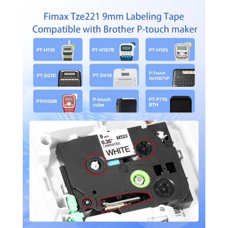 5x Fimax TZe-221 9mm Ruban Compatible avec TZ Tze221 Brother P-touch Tape Cassette Etiqueteuse 9mm laminated White,pour Etiquett