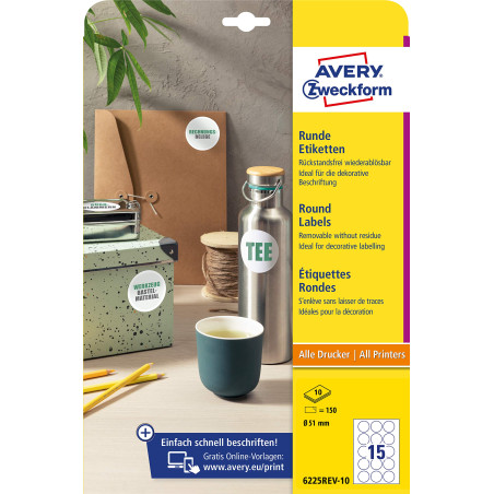 Avery Zweckform 6225REV-10 Étiquettes rondes (150 pastilles adhésives, Ø 51 mm sur A4, autocollants ronds à imprimer, amovibles/