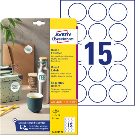Avery Zweckform 6225REV-10 Étiquettes rondes (150 pastilles adhésives, Ø 51 mm sur A4, autocollants ronds à imprimer, amovibles/