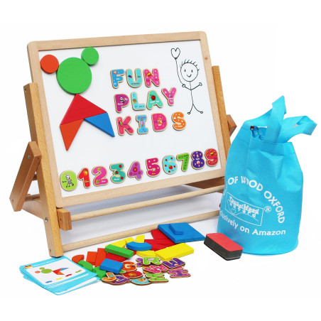 TOWO Chevalet magnetique double pliable enfant en bois -Tableau Enfant avec Alphabet magnétique et Chiffres magnétiques et forme