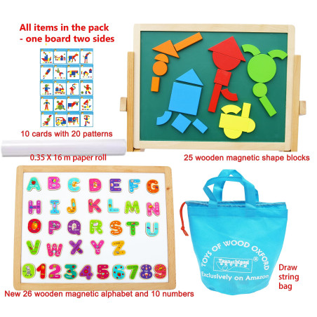 TOWO Chevalet magnetique double pliable enfant en bois -Tableau Enfant avec Alphabet magnétique et Chiffres magnétiques et forme
