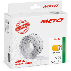 Étiquettes Meto pour étiqueteuse manuelle (26x16 mm, 2 lignes, papier orange fluo, 12 000 étiquettes, adhésives permanentes, pou