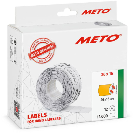 Étiquettes Meto pour étiqueteuse manuelle (26x16 mm, 2 lignes, papier orange fluo, 12 000 étiquettes, adhésives permanentes, pou